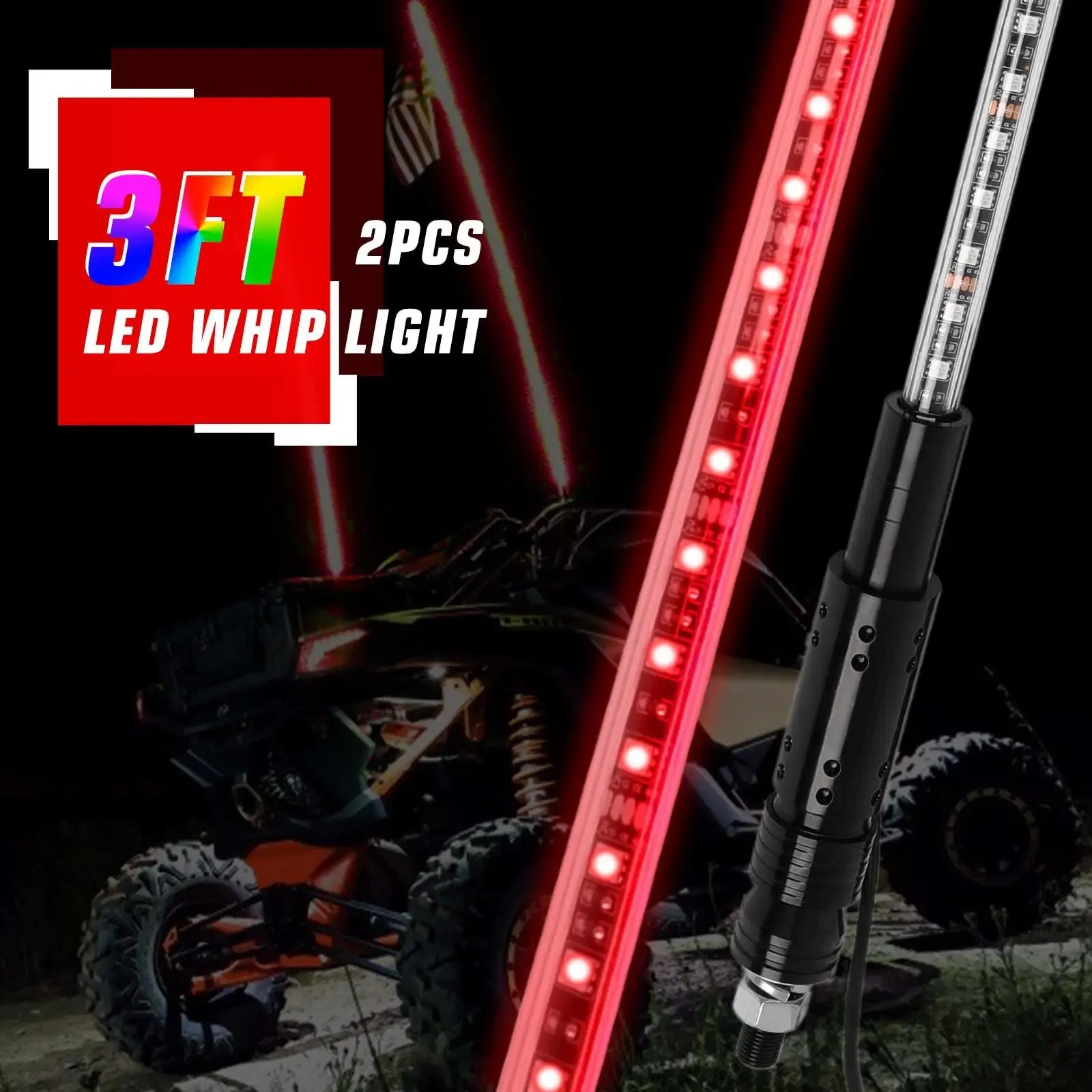 3FT Spiral LED Whip Light Antenna With Remote For ATV, UTV, RZR, Polaris - RGB 5050 LEDs