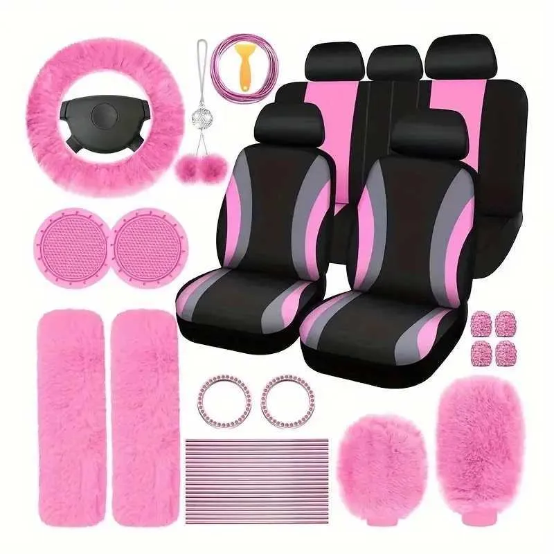 Pink Car Interior Accessories Set: Steering Wheel Cover Seat