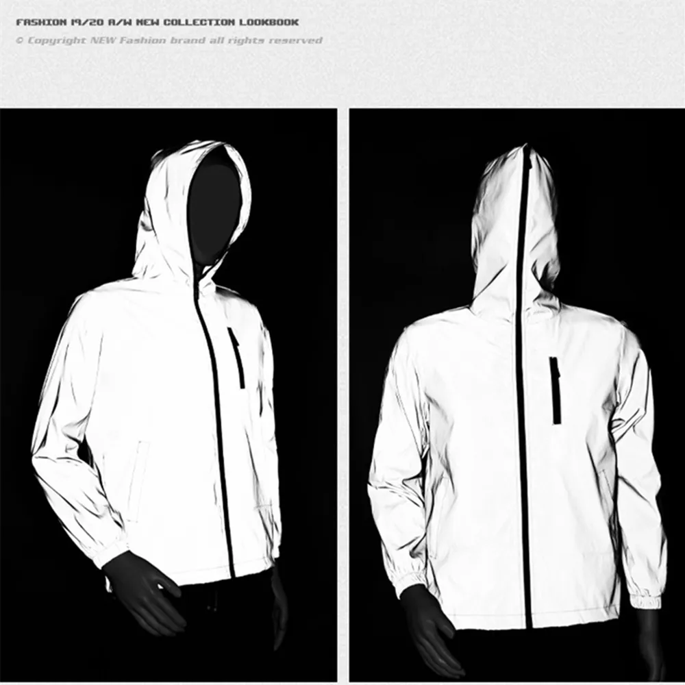 Men's Hooded Full Reflective Jacket Waterproof Polyester Windbreaker ...