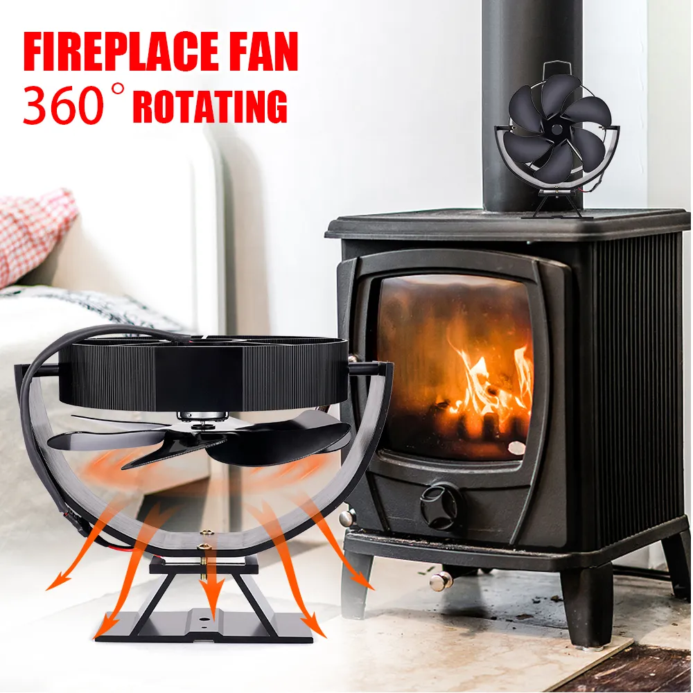 JIMBON 6-Blade Heat Powered Wood Stove Fan - Black, 160-210 CFM, 25dB, For Fireplace