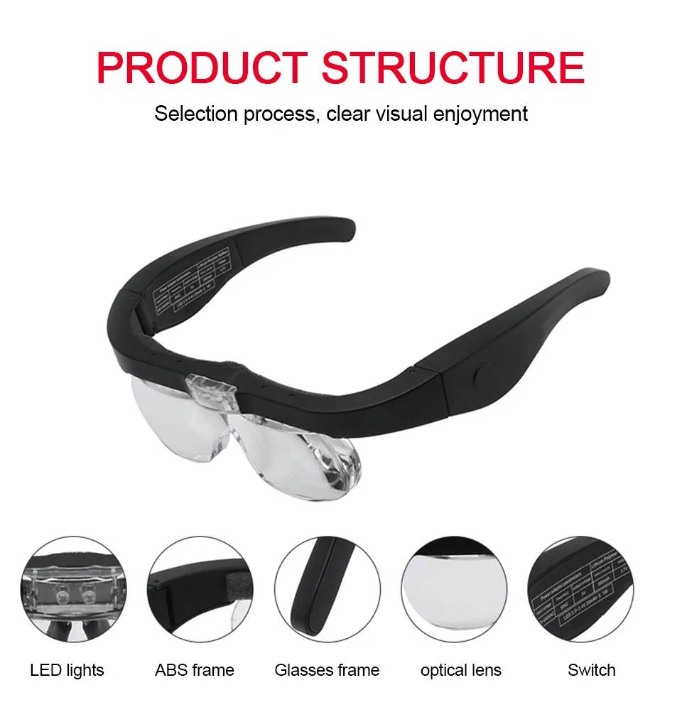 5 Lens Head Agnifier With 3 Lights, Hands Free Agnifying Glasses For