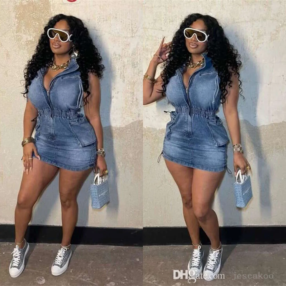 Denim Summer Dress Sleeveless Tank Top Skirt Drawstring Elastic Slim Fit Jeans Dresses for Women