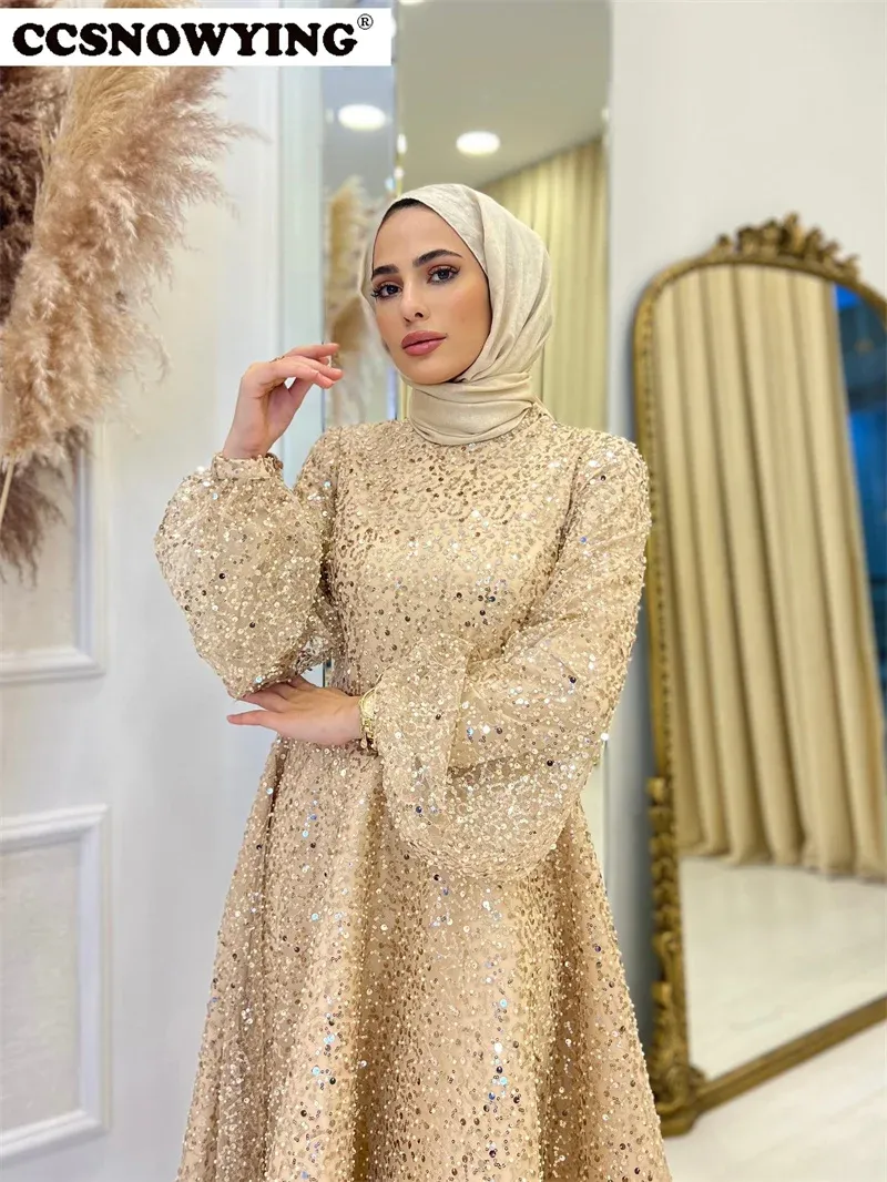 Champagne Sequin Hijab Muslim Evening Dress Floor-Length High Neck Full  Sleeve Islamic Formal Gown from Dhgate Ethnic Clothing - price 126.16