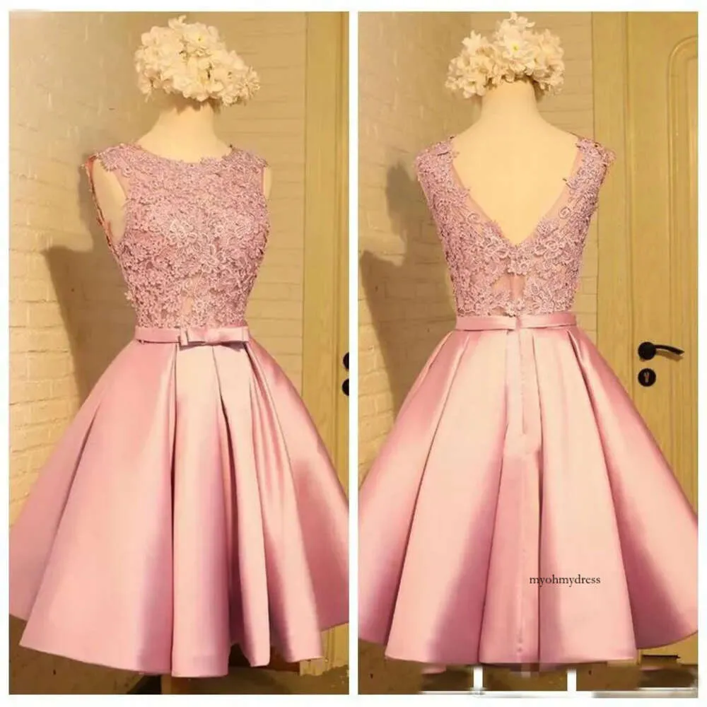 Short Maid of Honor Dress with Sheer Jewel Satin, Sash Bow, A-Line Silhouette, Beads, Lace Appliques - Affordable junior bridesmaid Dress (Style 0521)
