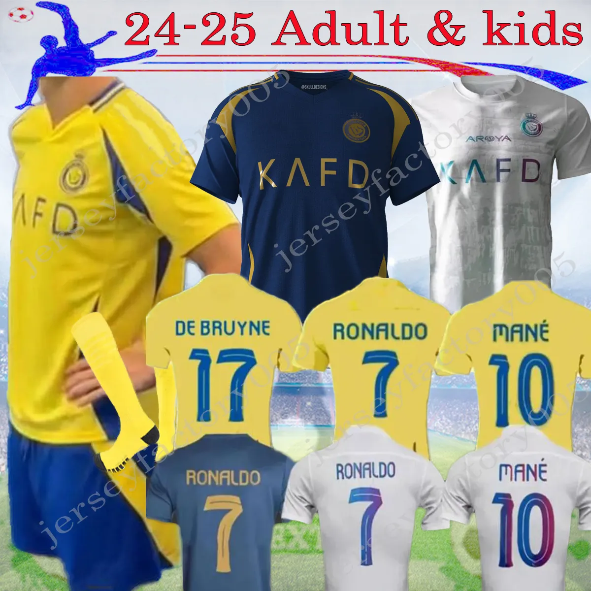 24 25 Al Nassr FC Soccer Jerseys 2024 Home Ronaldo Mane de Bruyne Gonzalo Martinez Talisca Ghislain Vincent Aboubakar Men Kids Kit voetbal Shiirt