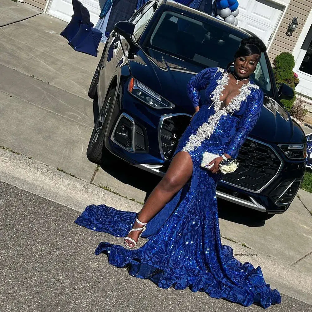 Royal Blue Mermaid Sequins Prom Dress Graduation Dress Black Girls Prom 8th Grade Prom Y495