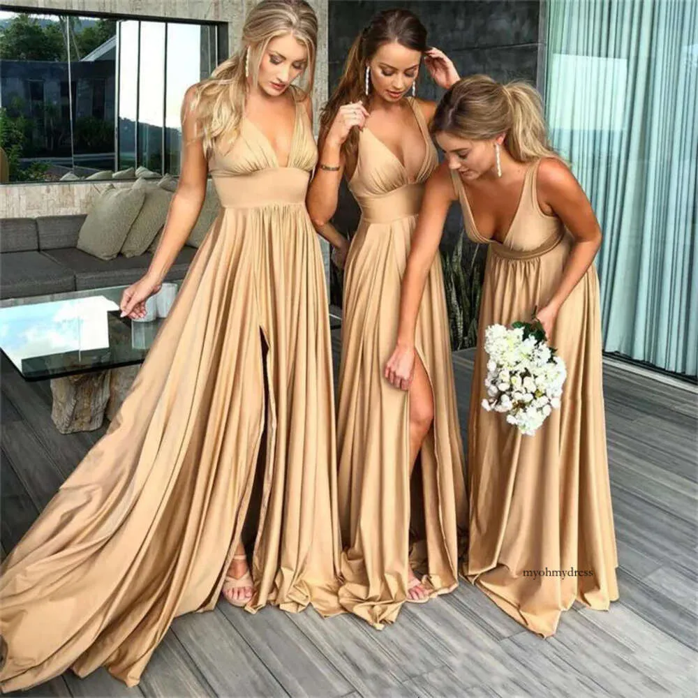 Gold Bridesmaid Dresses Long Sexy Deep V Neck Empire Split Wedding