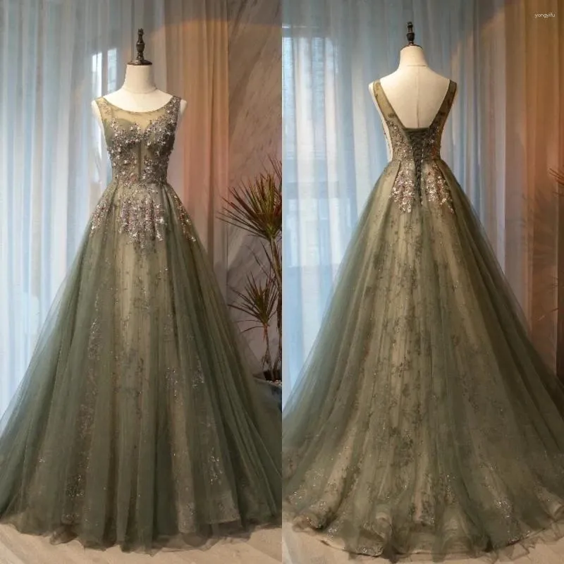 Plus Size Olive Green Tulle Floor-Length Evening Dress with O-Neck,  Sleeveless A-Line Silhouette, and Lace-Up Detail