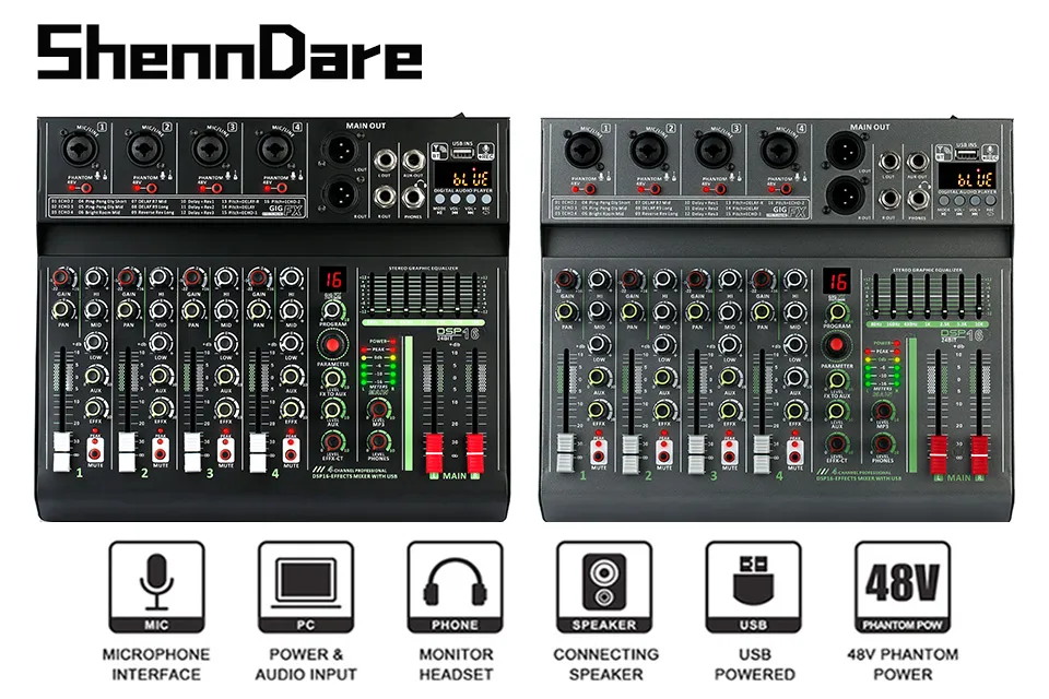Mixer Plug SHENNDARE TD16 Pro Audio Mixer, 4-Channel USB Mixer with Bluetooth, 48V ...