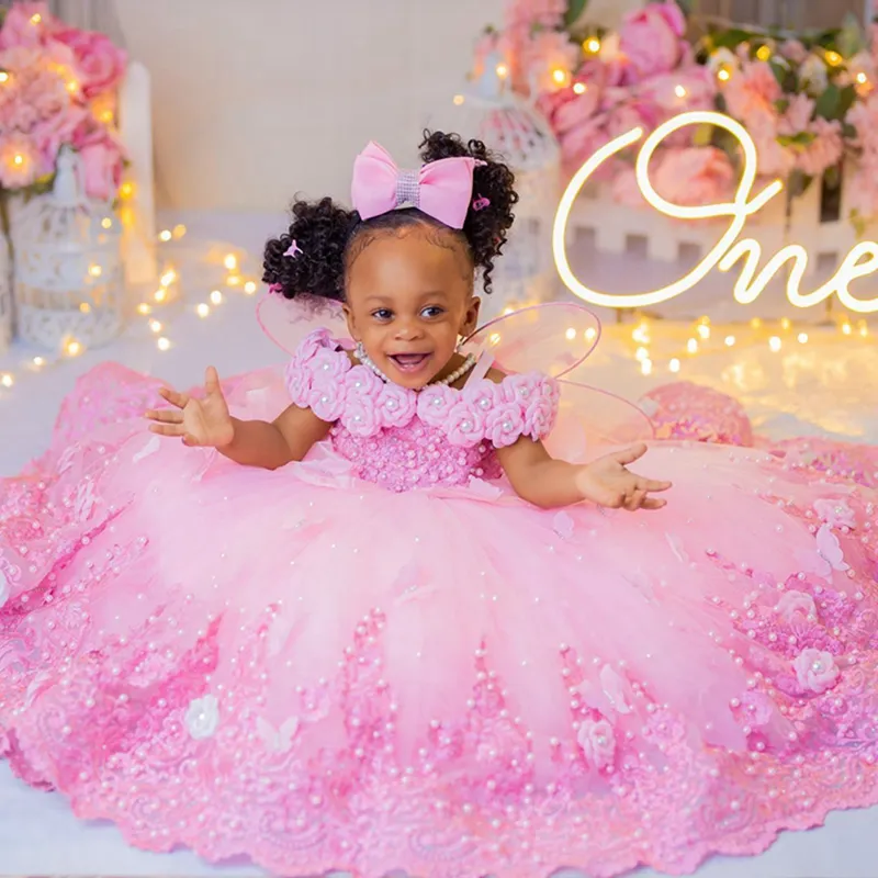 2024 Aso Ebi Pink Flower Girl Dresses Birthday Party Dress
