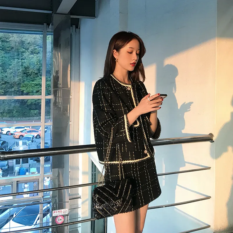 Black Plaid Woolen Tweed Jacket and Mini Skirt Set for Women