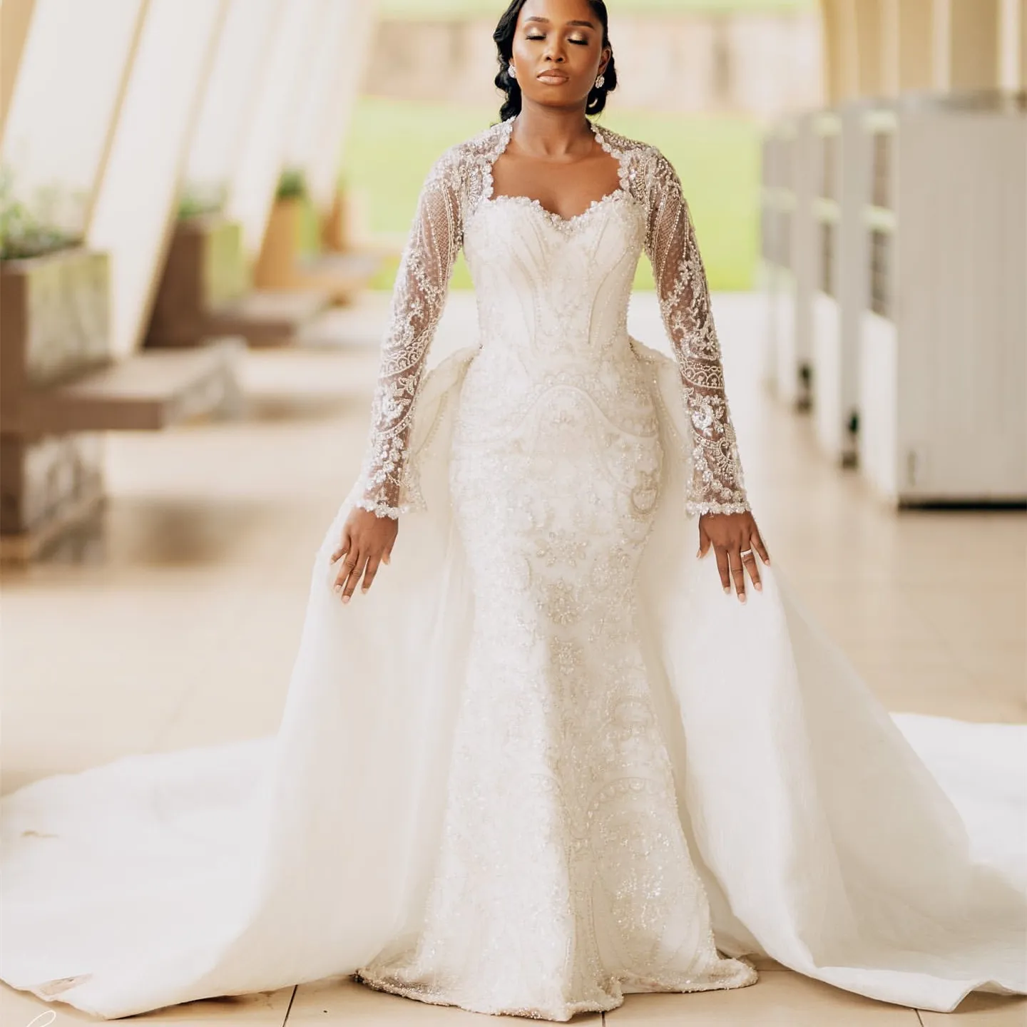 Ivory Lace Applique Mermaid Wedding Dresses Removable Sleeve Rustic Bridal Gown VW2170 main image 1