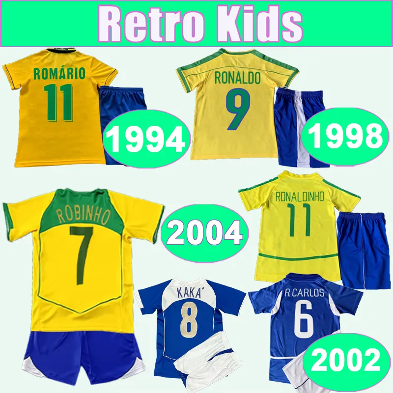 1994 Kit per bambini brasiliani Kit calcio Jereys Romario 1998 Ronaldo Roberto 2002 Ronaldinho 2004 Robinho Casa di calcio Shirt a manica corta divise