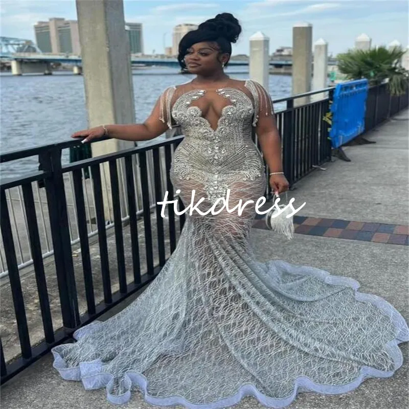 DHgate Glitter Mesh See Through Prom Dresses Plus Size Beaded Evening Gowns for Women Wedding Party Events