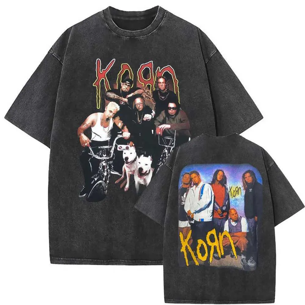 KORN tシャツ Vintage Skeleton Print Oversized Rock Band Korn T-Shirt for