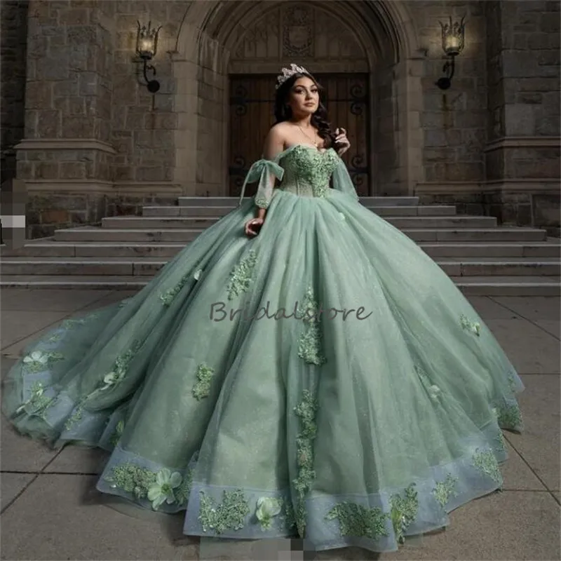 sage green quince dress with sleeves Sage Blue Quinceañera Dress
