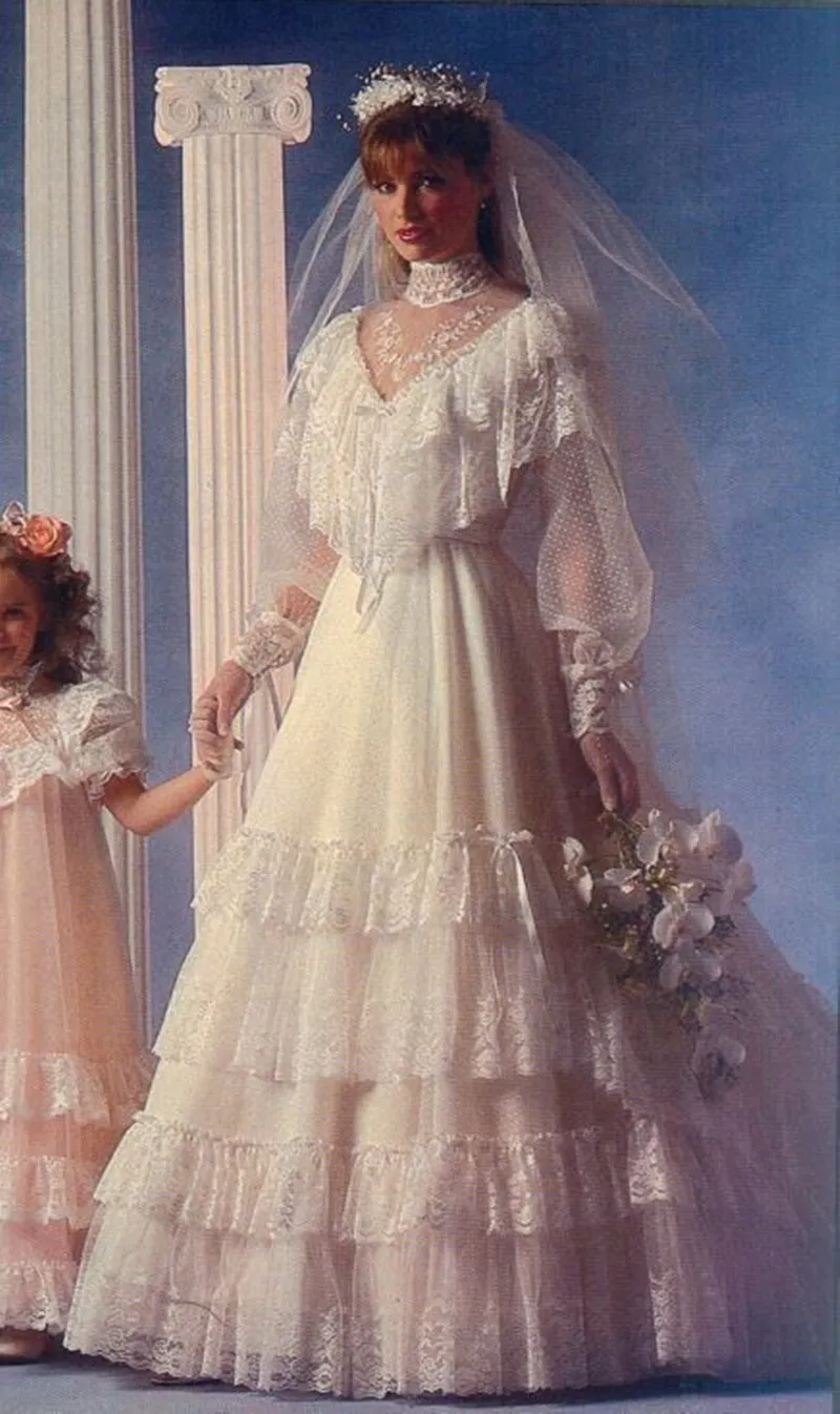 vintage ruffle wedding dress Off the Shoulder with Puff Sleeves  Lace Tiered Wedding Gown with Hem Plus Size Size 2 / No Veil Vintage a line wedding dress