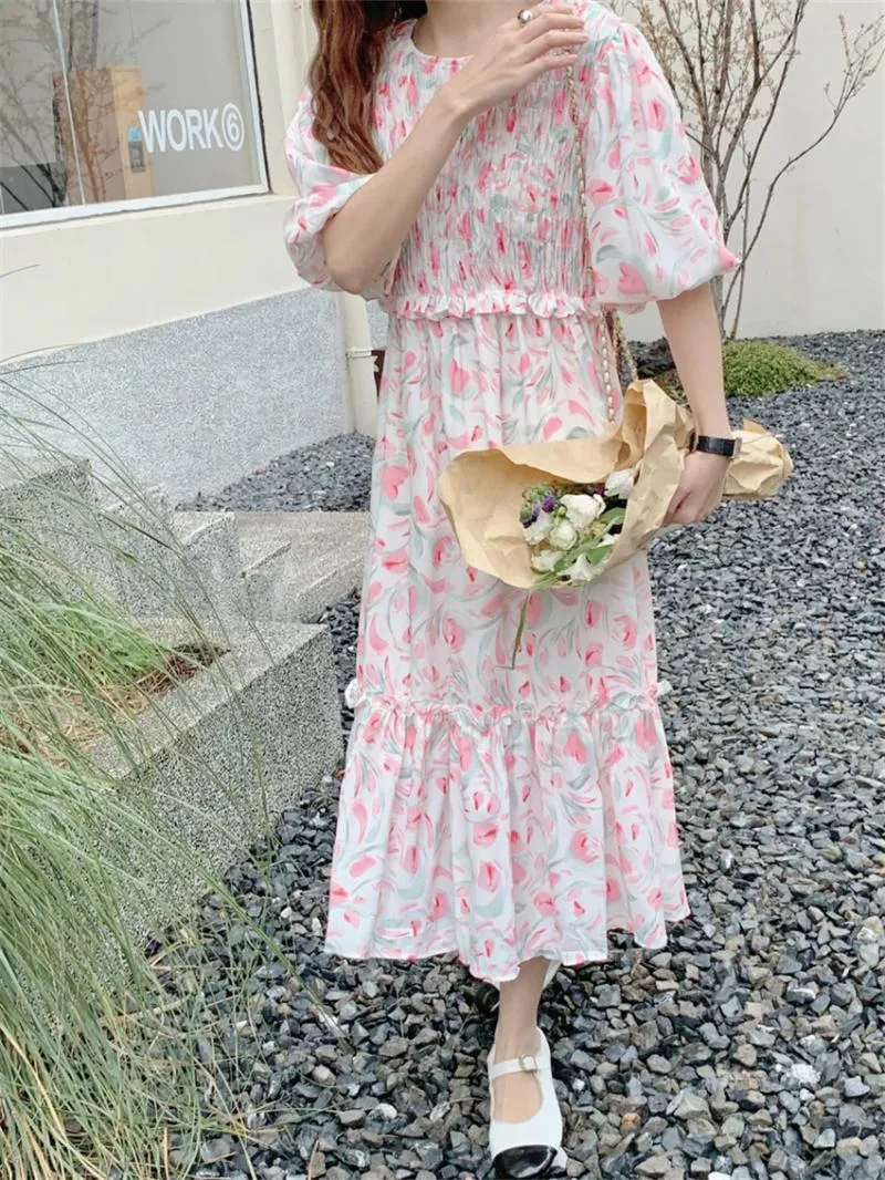 Pink Sweet Floral Summer Dress High-Waist Office Work Casual Dress