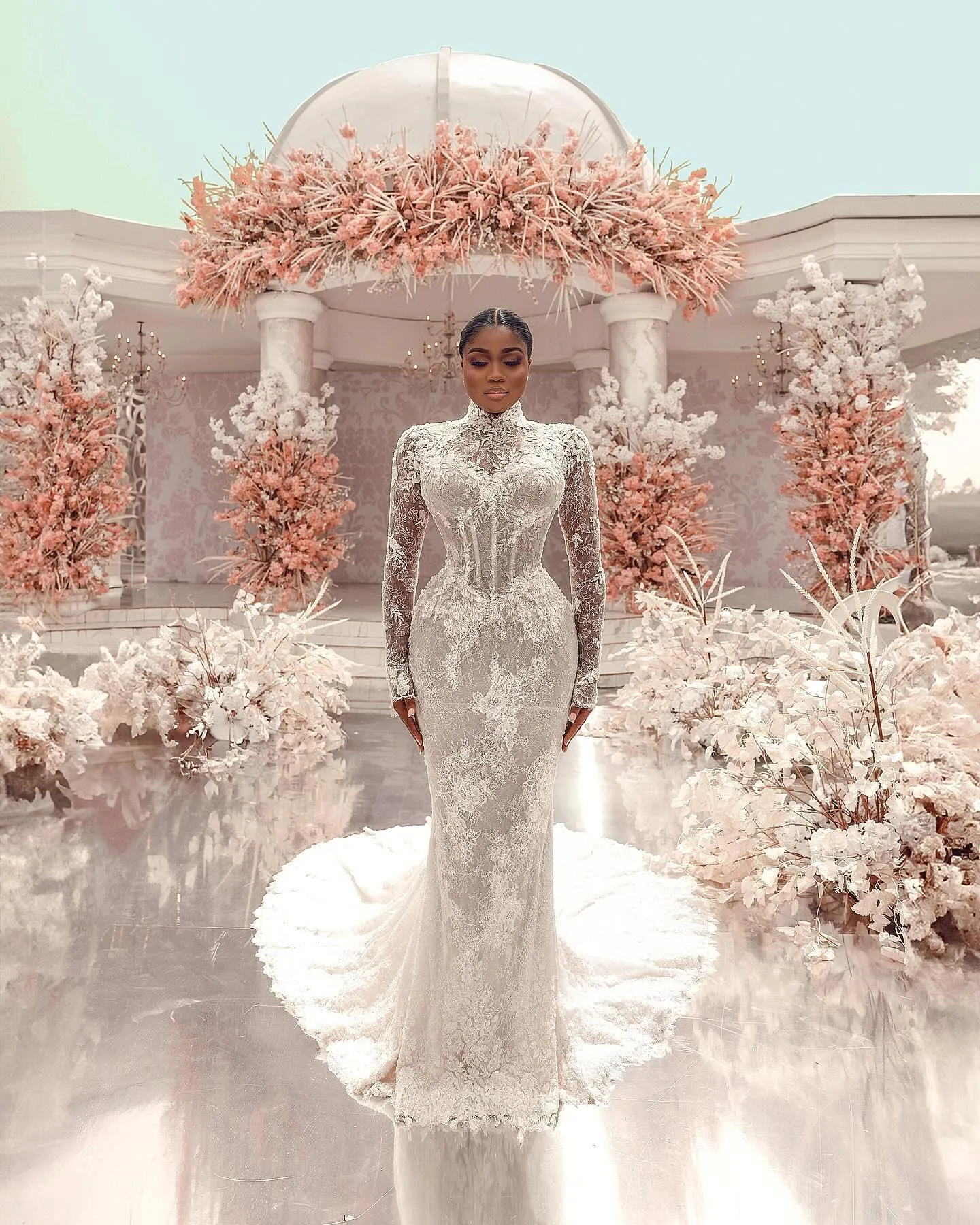 Arabic Dubai High Neck mermaid wedding dress with Fanstic Lace Beads, Sheer Long Sleeves, Appliques, and Long Train - BC18727 Arabic Dubai High Neck mermaid wedding dress with Fanstic Lace Beads, Sheer Long Sleeves, Appliques, and Long Train - BC18727