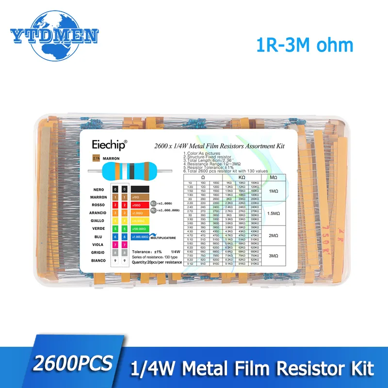 DHgate.com:130 Values, 2600PCS 1/4W 1% Metal Film Resistor Kit, 1Ω-3MΩ ...