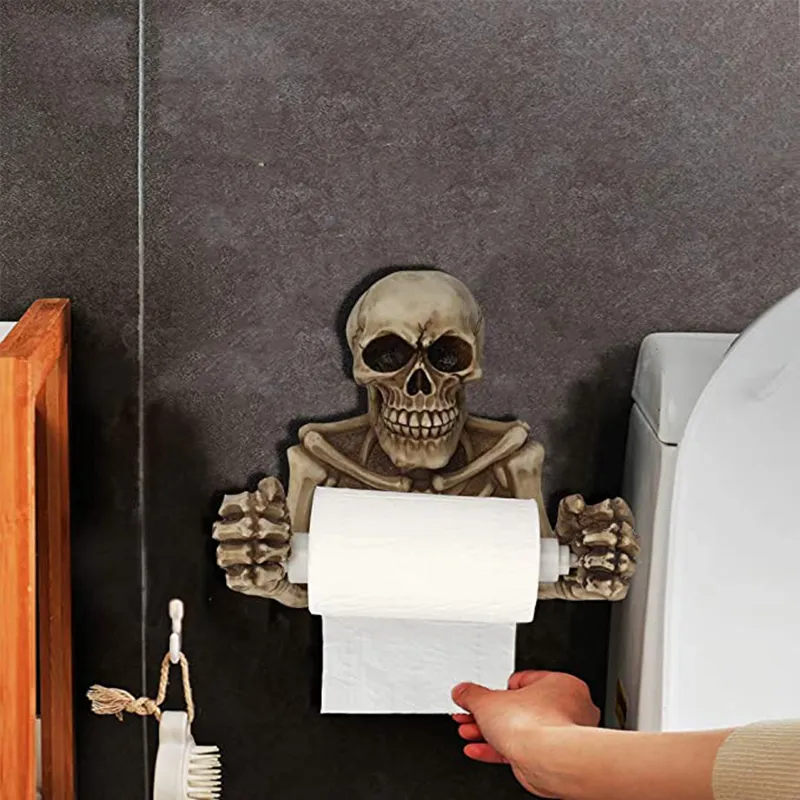 Skull Toilet Paper Holder Wall Mount Resin Stand Halloween 2024 Decor