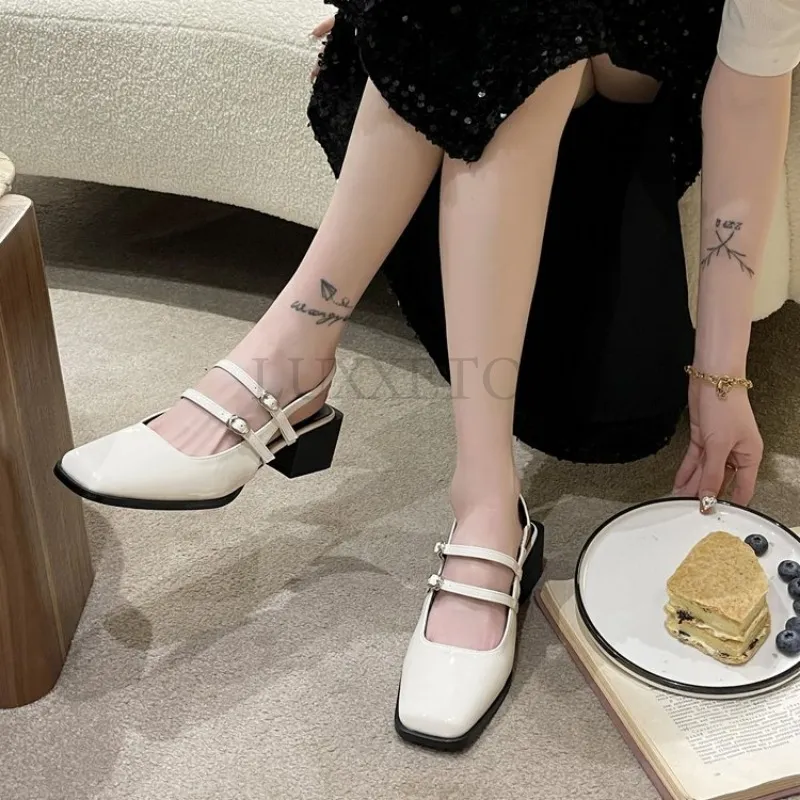 Mary Jane Square Toe Sandal Heels for Women with Thick High Heels Hollow Line Design Bright Leather Upper
