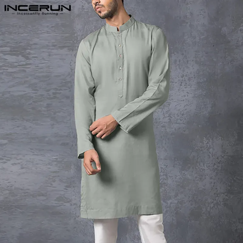 DHgate Mens Long Sleeve Muslim Shirt Solid Color Islamic Arab Kaftan Streetwear Casual Long Shirts 5XL Apparel