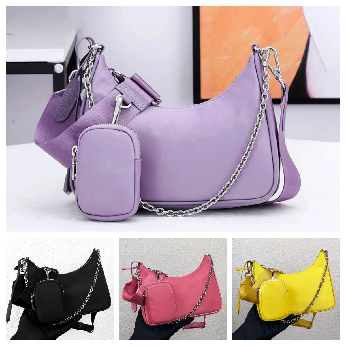 Nylon Designer Crossbody Bag for Women Casual Hobo Shoulder Bag with Chain Underarm 3 Piece Luxury Nylon Handbag Set with Box