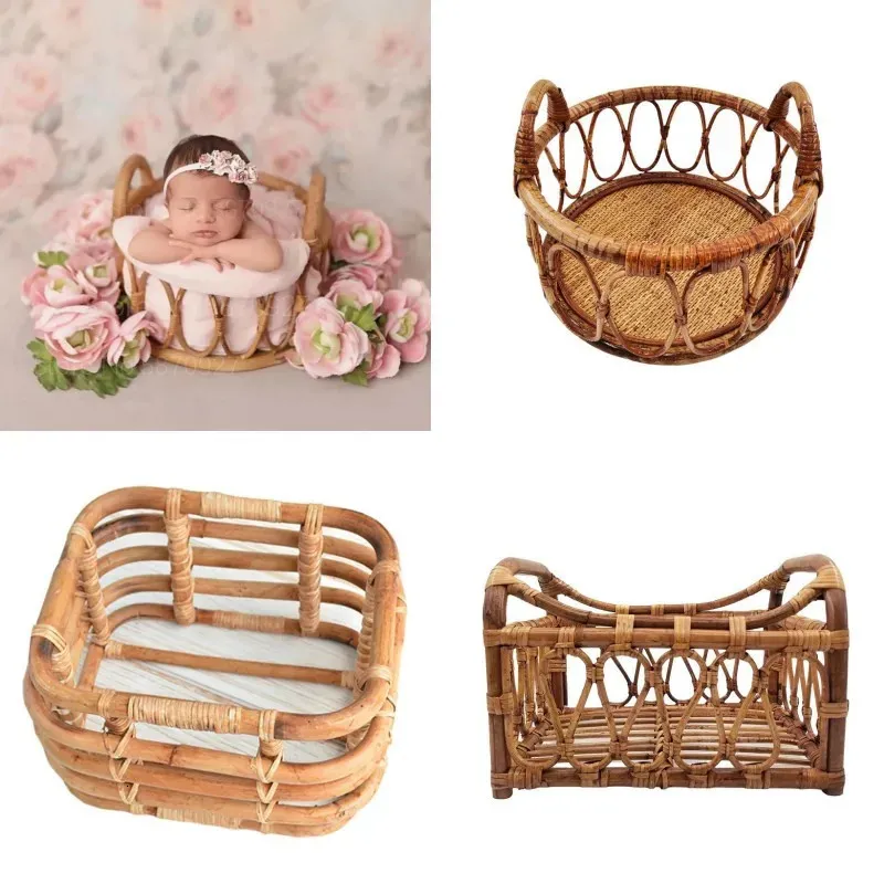 POGRAMENT NORN GRAPS RETRO RATTAN BASKEAK PAILL PO PO Recien Baby Girl Boy Posing Bed Background Pographie Accessor 240521