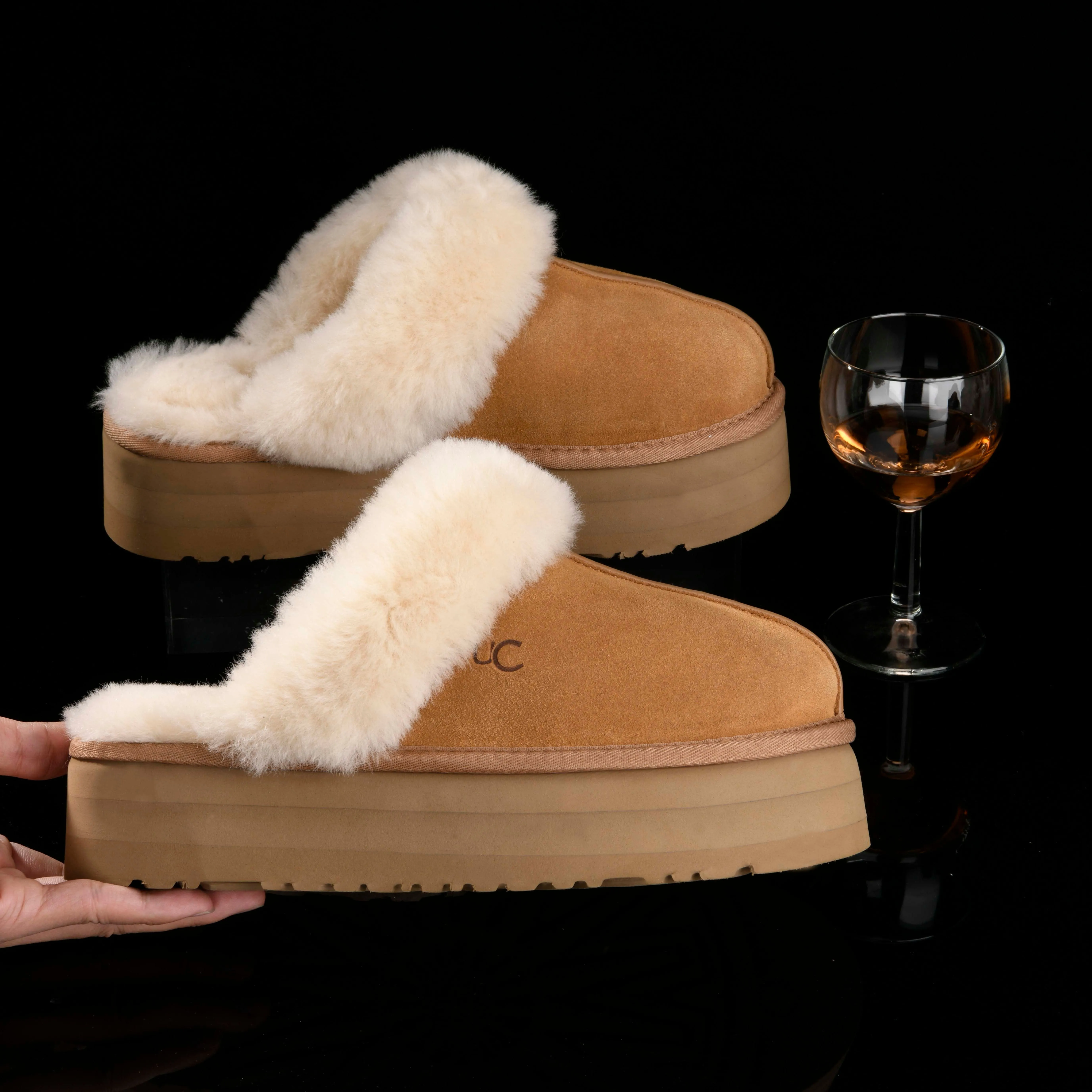 Buckled Leather And Fur Slides Slippers