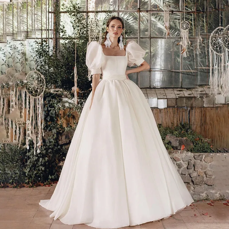 Custom-made Elegant Beach Wedding dress with Short Sleeves and Court Train - Square Neck A-Line Bridal Gown