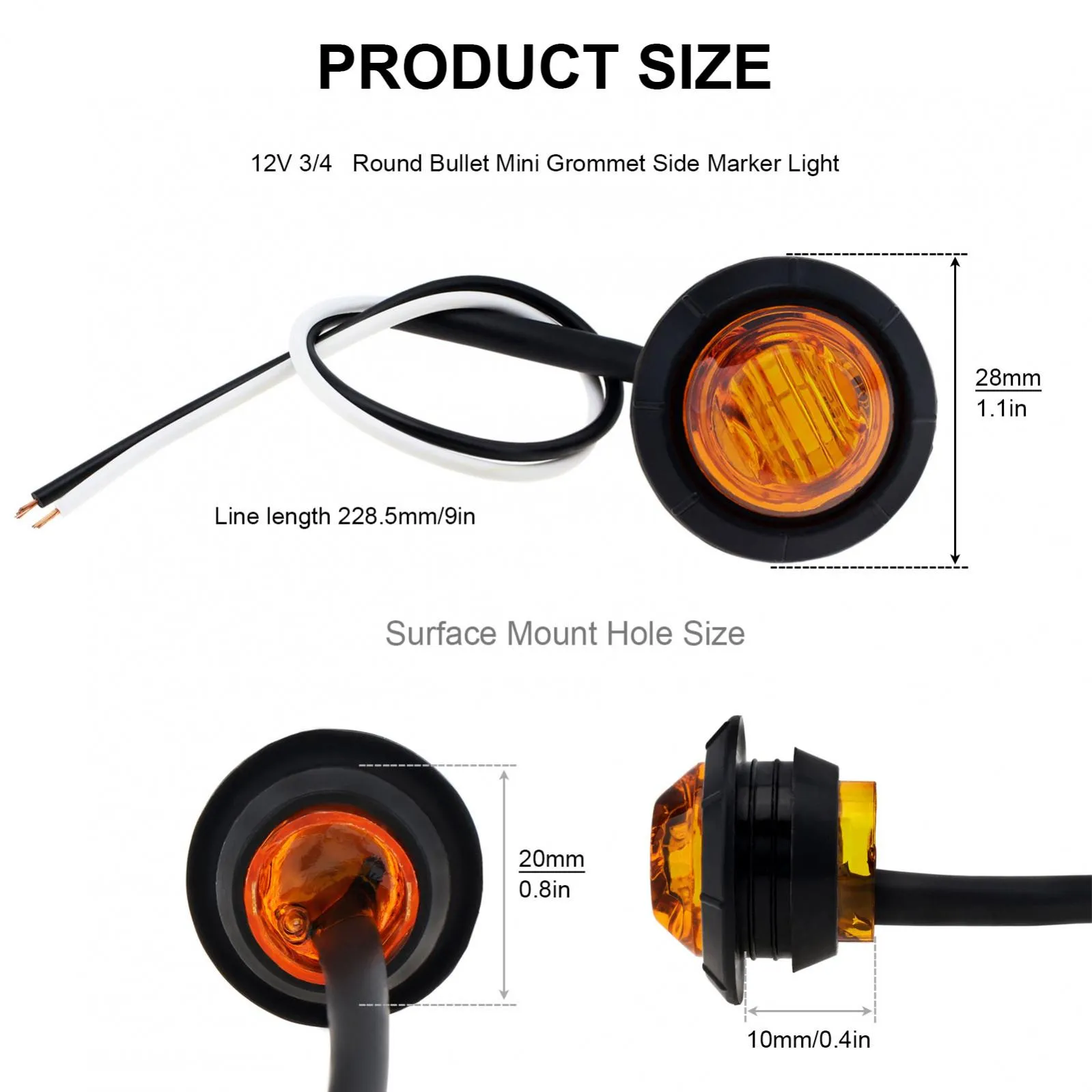 4 X 12-24V Amber Orange Front Side Outline Reflective LED Light With E
