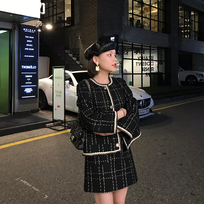 【mideal】tweed over jacket&mini skirt Black Plaid Woolen Tweed Jacket and Mini Skirt Set for Women