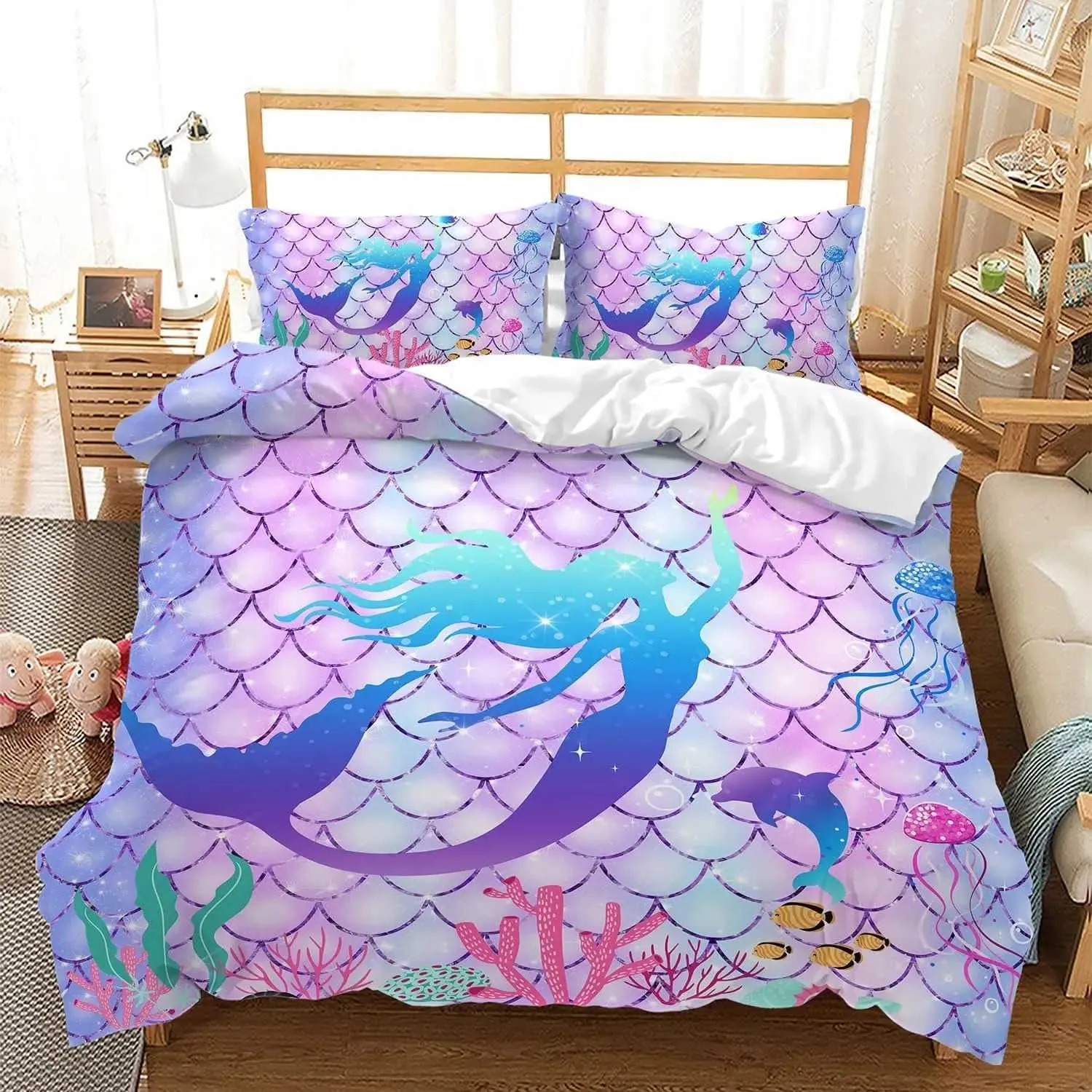 DHgate Glowing Mermaid Comforter Set for Kids 3 Piece Pink Twin Bedding Set with Decor Home Garden