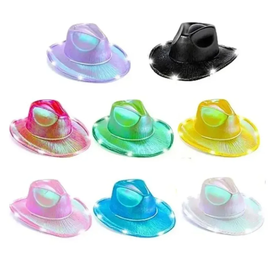 LED White Light Up Cowboy Cowgirl Neon Cowgirl Holographic Rave Fluorescent Chapeaux Avec Cordon De Vent A Vent Reglable Pour Accessoires De Costumes DHalloween JJ 5.22 Du 4.857 91 DHgate