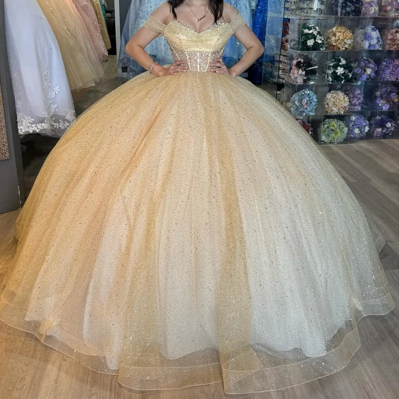 Light Champagne Off The Shoulder Ball Gown Quinceanera Dress with Crystal  Beads and Tulle Sweep Train from Dhgate Quinceanera Dresses - price 301.43