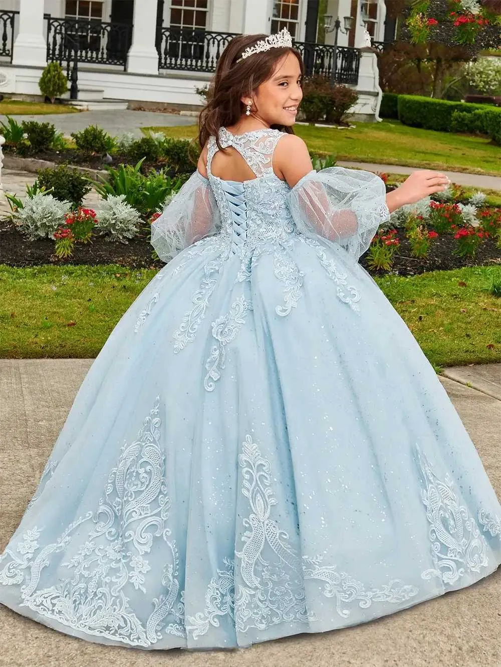 Christening dresses Sky blue sheer sequin childrens birthday party ball dress fluffy sticker girl wedding dress Q240521