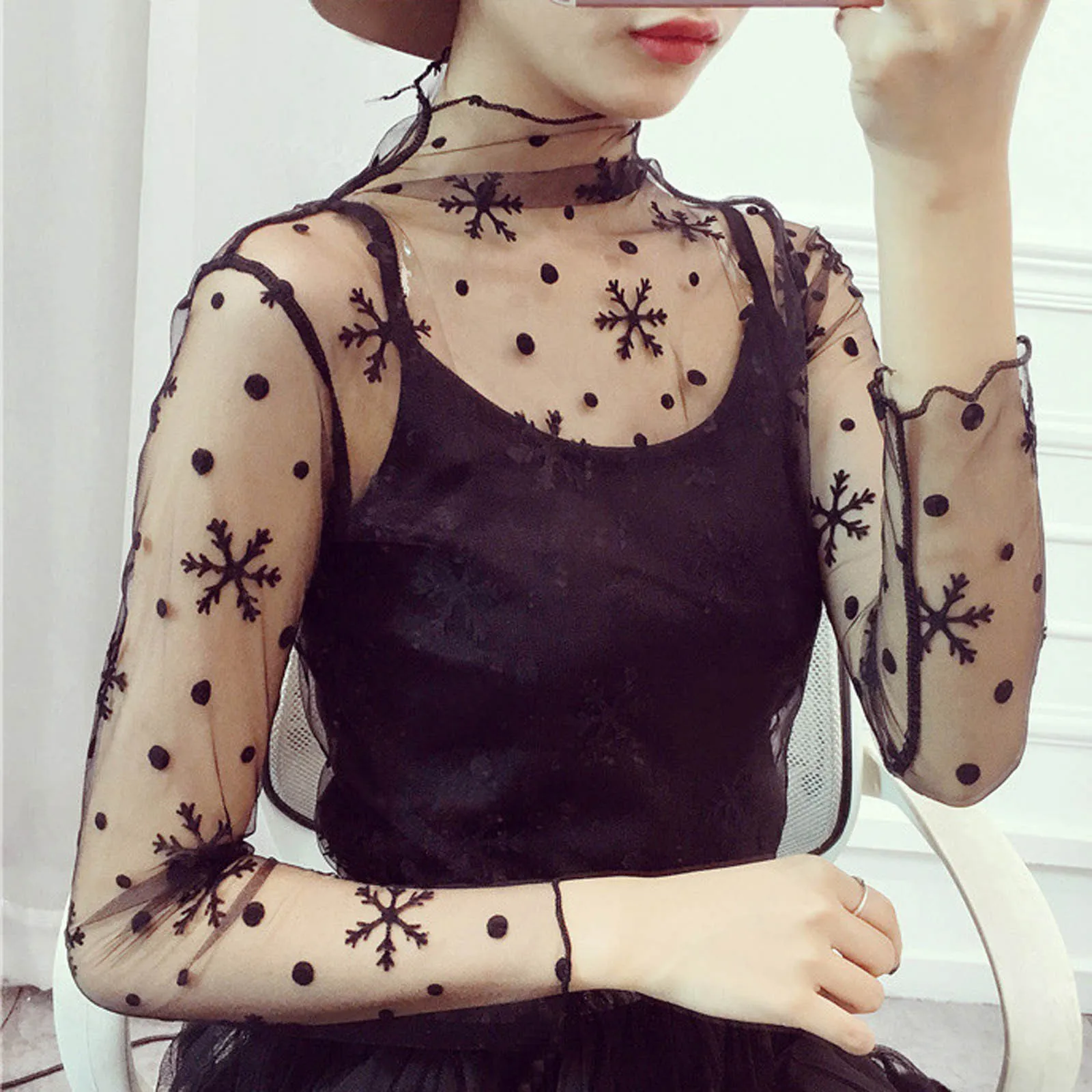 Alluring Sheer Mesh Long-Sleeve Halter Top for Women: Sexy