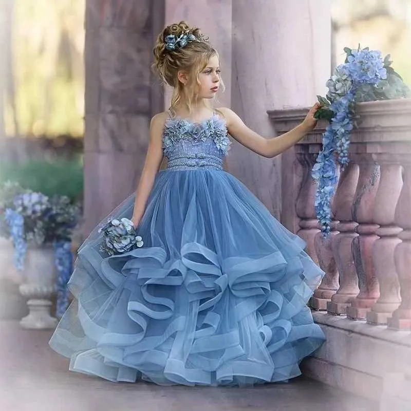 Save Big on Bulk Blue Flowered Dresses Dusty Blue Bridesmaid Dresses Tulle  Flower Girl Gown Ruffled Wedding Pageant Dress For Kids, First Communion