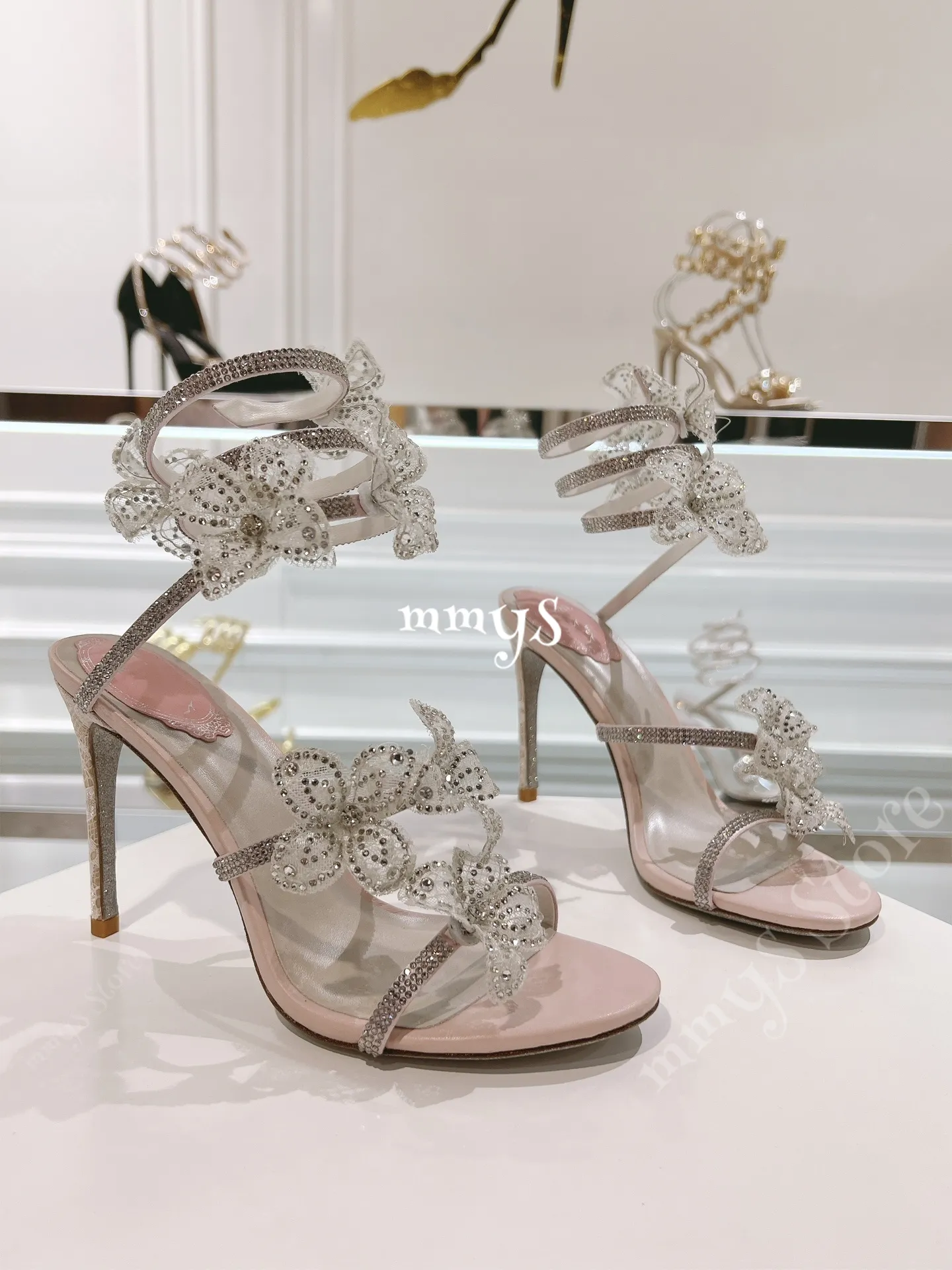 Rene Caovilla Butterfly Crystal Decorative Sandals Stiletto Women Evening  Dress Shoes Serpentine Wraparound Designer Women's High Heels with Box