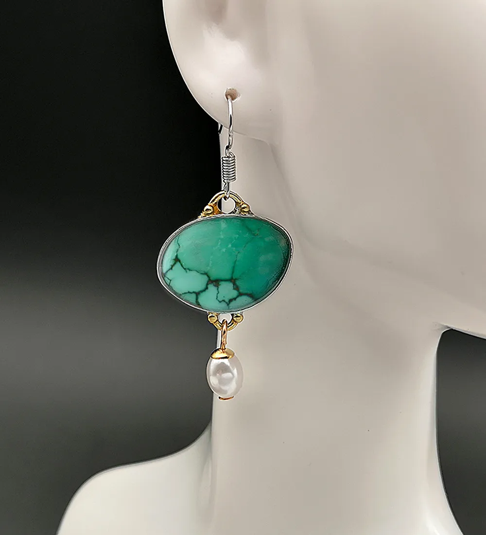 Elegant Green Turquoise Pearl Dangle Earrings: Party 
