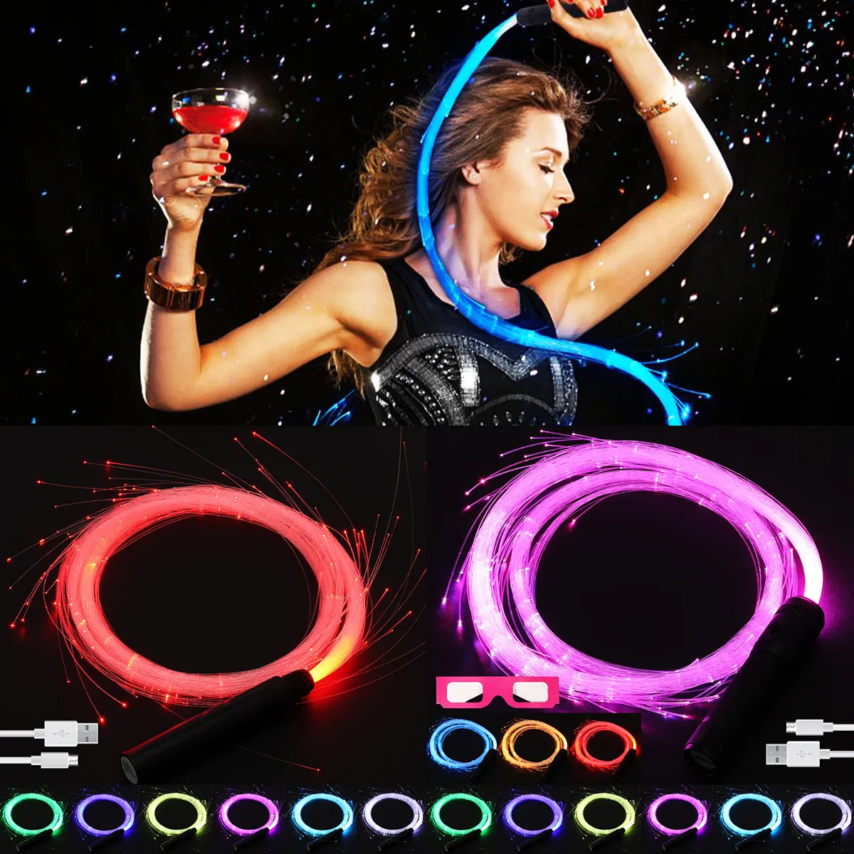 LED Fiber Optic Whip 360° Swivel Hand Rope USB Rechargeable Light
