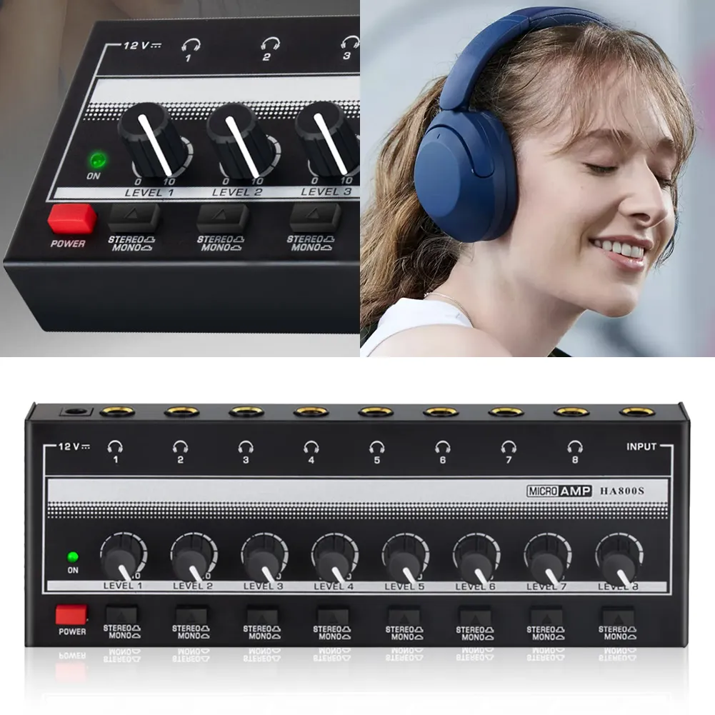 8-Channel Headphone Amplifier Splitter - Stereo/Mono, With 9 Adapters, Metal Case For Studio Recording & Live Sound