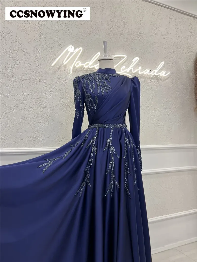open lace back dress Modest A-line Navy Blue Tulle Long Sleeves Prom Dress,Muslim Dress Y58 –  Simplepromdress main image 0