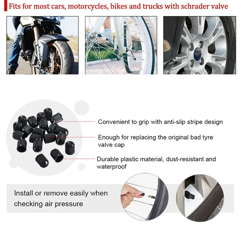 4 Pack Black Plastic Dust Valve Tyre Caps For Car, Bike, And Motorbike Wheels
