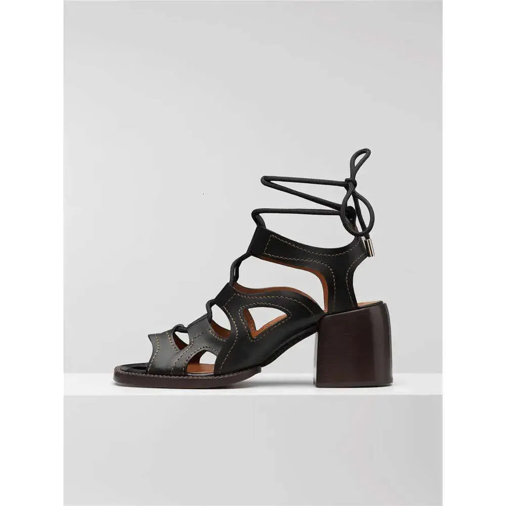Ladies real 2024 cow leather Sandals toes sexy party wedding chunky high heel hollow out Casual peep toe SHOES lace up Cross tied mix black co 17f