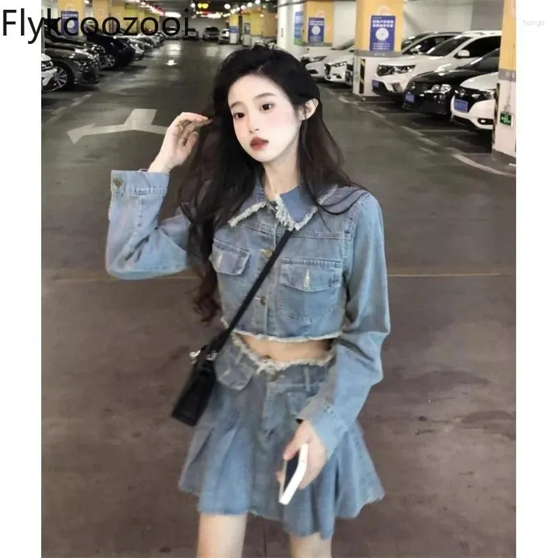 DHgate Womens Blue Denim Skirt Set 2 Piece Set with Pleated Skirt and Cropped Jacket Apparel