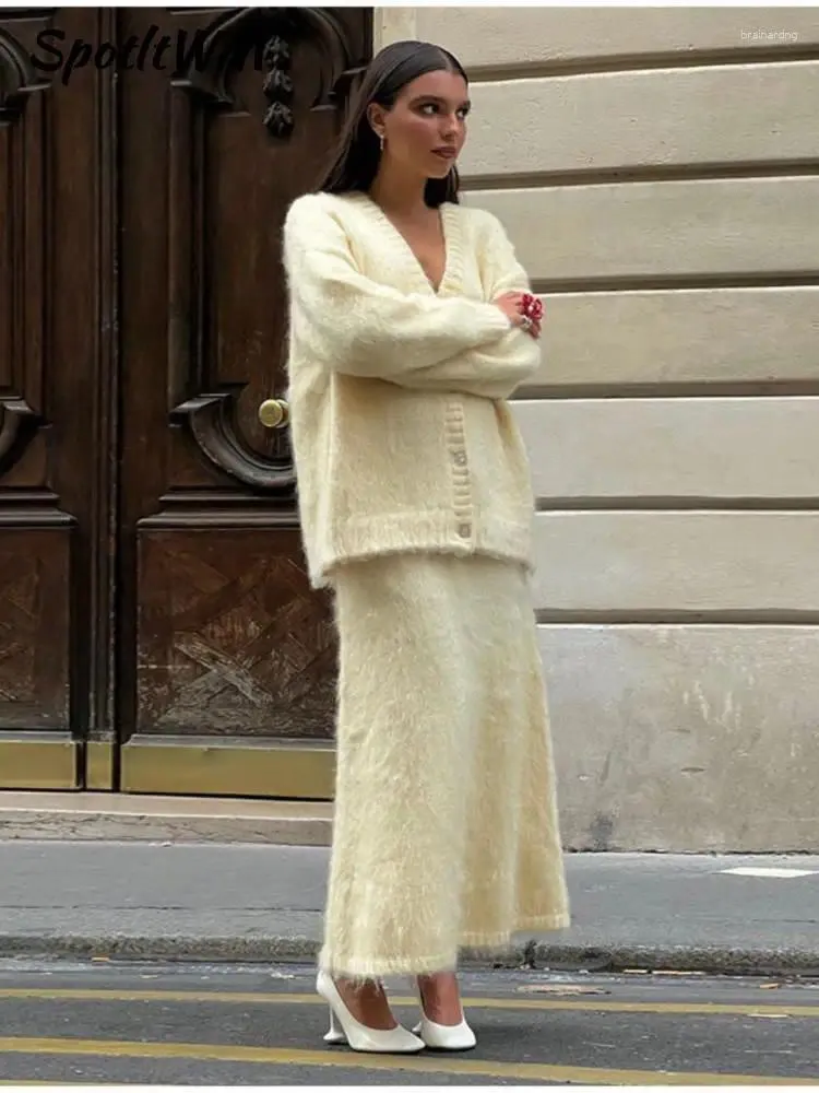Women's 2-Piece Elegant Mohair Skirt Set: V-Neck Cardigan Sweater and Long  Knitted Skirts for Autumn