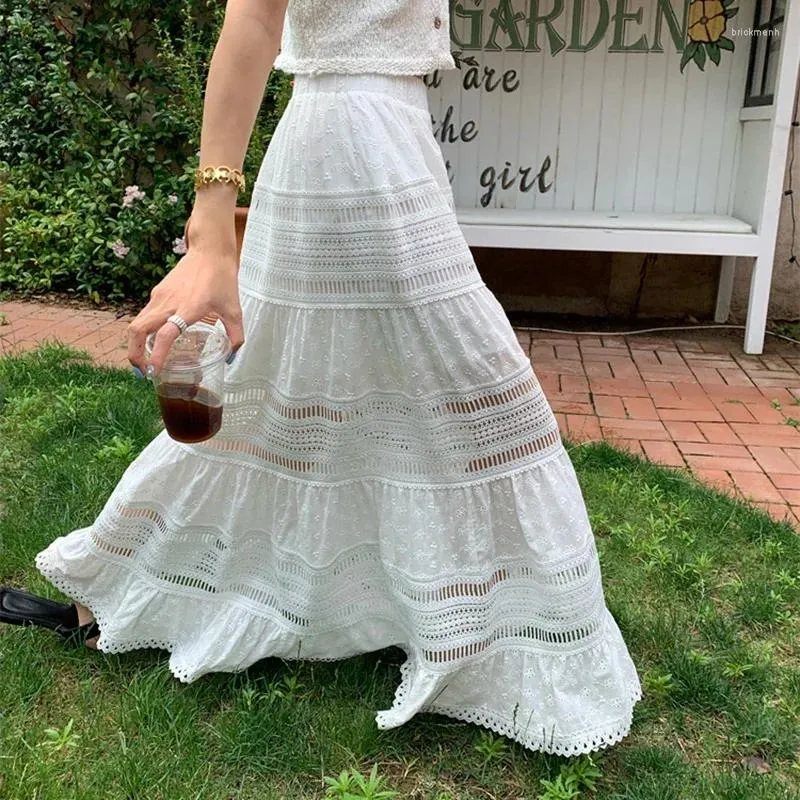 DHgate Embroidered Eyelet Cut out Maxi Skirt White Cotton Flowy Boho Long Skirt for Women Apparel