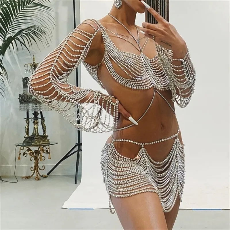 Rave Outfits Women Sexy Body Chain Sequins Bra Chains Bikini